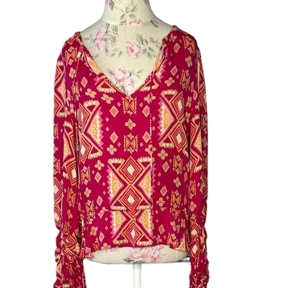 Tory Burch Geometric Silk Long Sleeve Blouse, Pink & Orange, Size 4